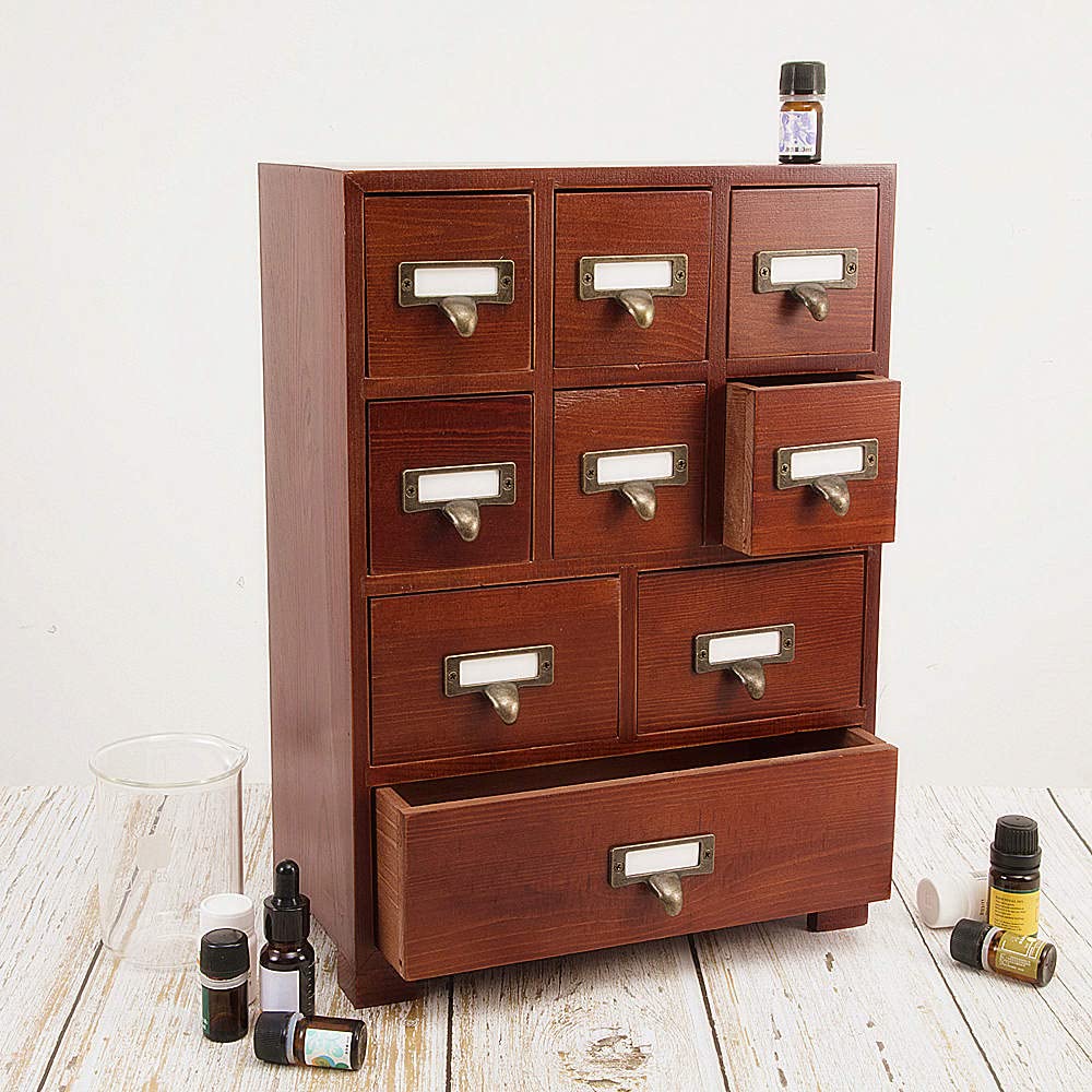 PACKGILO Apothecary Drawers Wooden Apothecary Cabinet with Drawers & Labels Rustic Library Card Catalog Cabinet Wooden Storage Box Desktop Organizer Herbal、Tea Bag、Jewelry Storage(Brown)