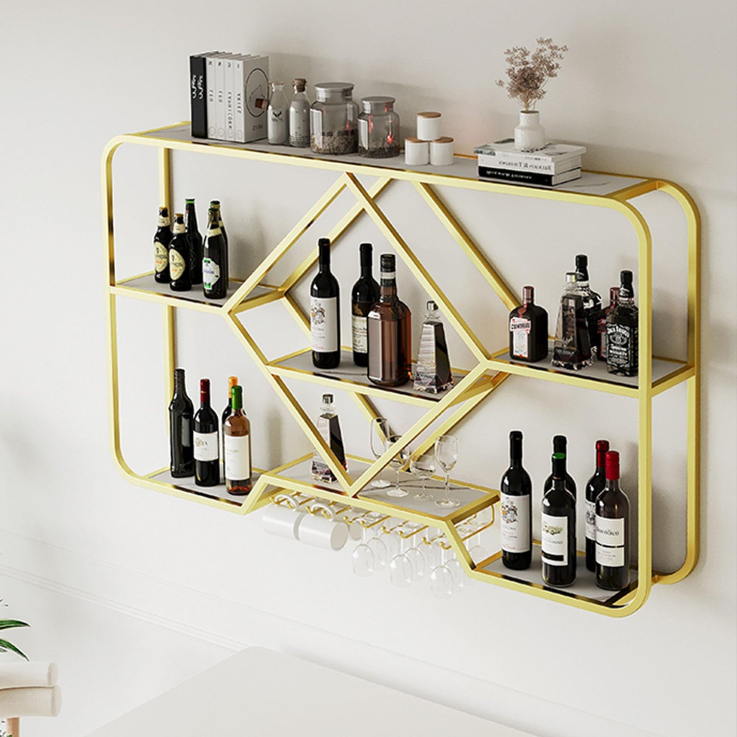 Wall Mounted Wine Rack with Glass Holder and Liquor Cabinet - Home Bar Furniture for Wine Storage - Hanging Wine Glass Rack and Bottle Display Shelf for Cafe Kitchen