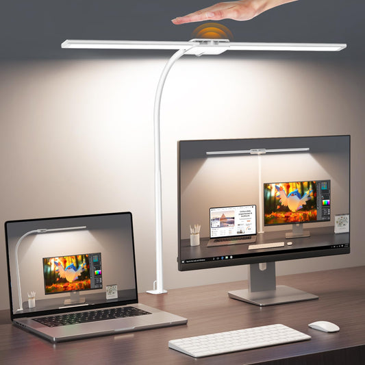 Syrinx LED Desk Lamp, Double Head Gooseneck Desk Lamps for Home Office with Gesture Switch & Wired Control, 12W Bright Modern Desk Light Eye-Caring Office Desk Lamp with Clamp for Crafting Reading