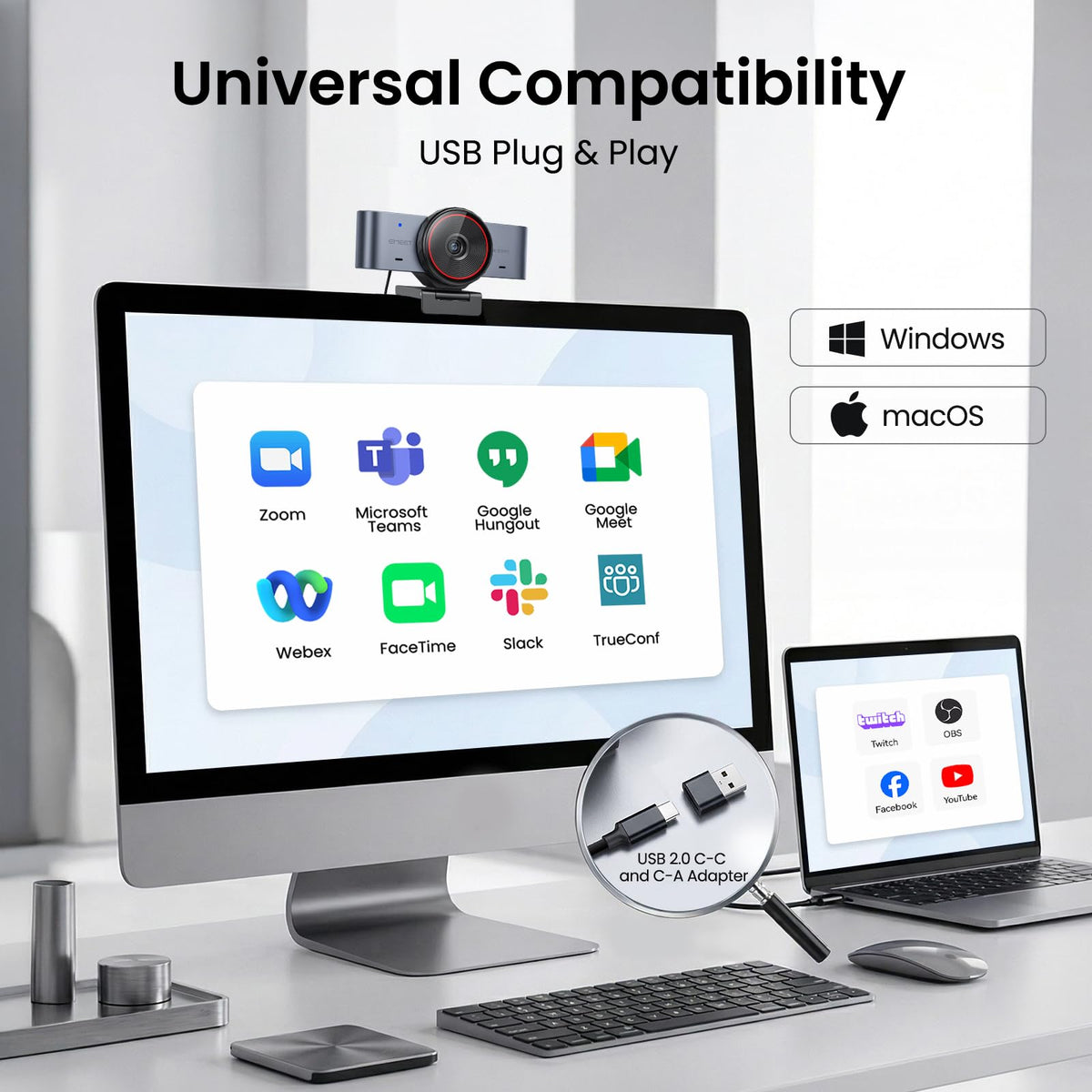 EMEET C960 Ultra 4K Webcam for Mac & PC, 1/1.5" Large Sensor, Metal Body, 0.2s Autofocus, DRC, Whiteboard Mode, Built-in Privacy Cover, 2 Mics, USB Webcam 4K for Meetings, Streaming & Content Creation