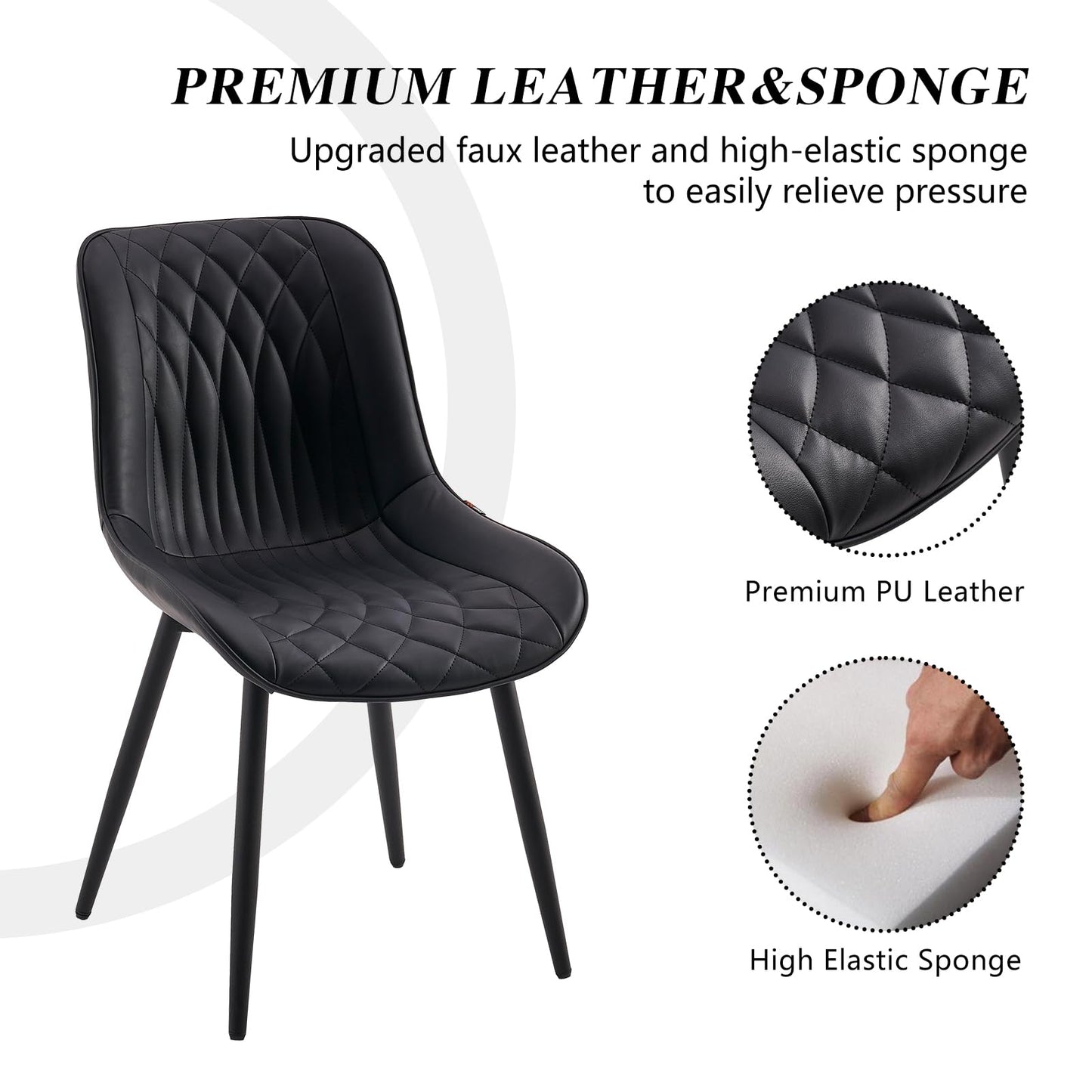 YOUNIKE Black Faux Leather Dining Chairs Set of 2 Mid-Century Modern High Padded Back Comfy Upholstered Kitchen Chairs with Metal Legs Wide Seat Accent Side Chair for Dining/Living/Waiting Room
