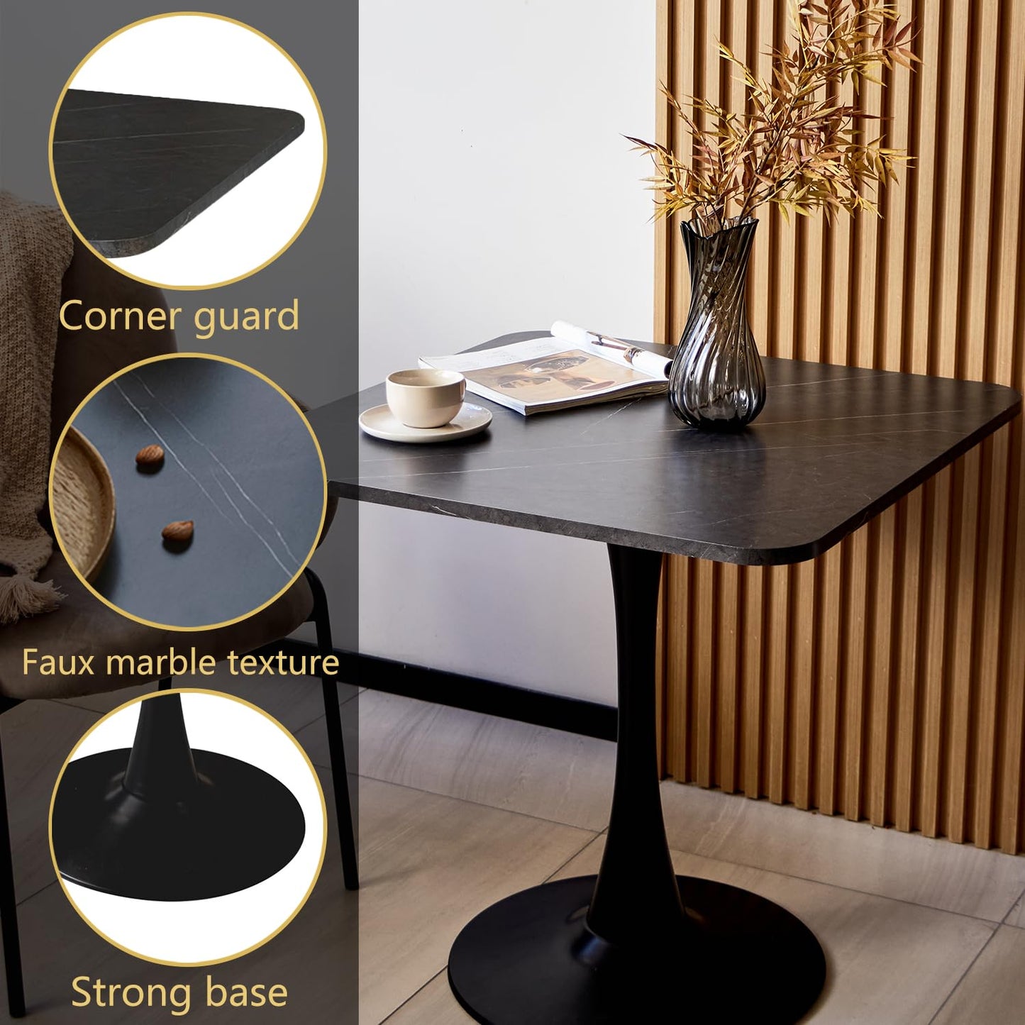 Square Modern Dinning Table 30 inches for 2-4 Bistro Tulip Table with Faux Marble top,Easy Assemble,no Wobble,Stable Sturdy Metal Frame Diameter 30in*H28.74in (Black, 30in)