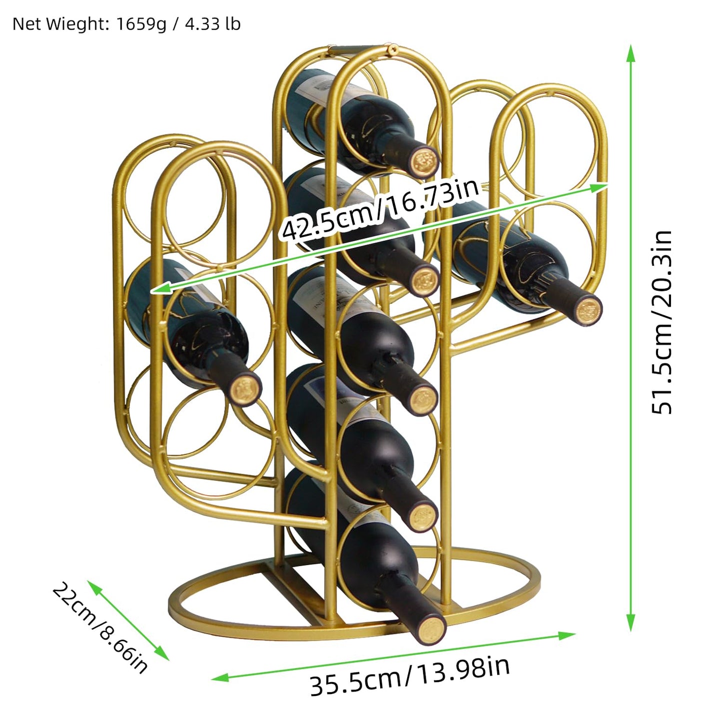 Mandaiter 10 Bottles Wine Rack, Decorative Metal Cactus Wine Holder Storage for Countertop, Desktop Wine Bottle Display Rack for Home, Kitchen, Bar, Cellar (Golden)
