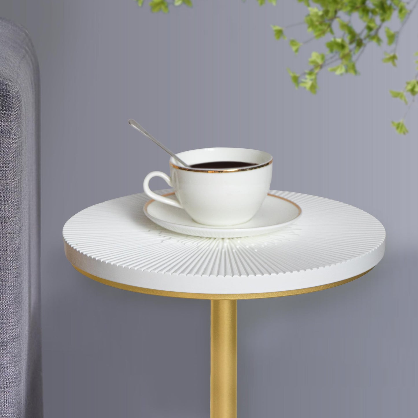 COVLON Drink Table, Carved Table Top Small Pdestal Martini SideTable for Living Room, Bedroom, Modern, Weighted Base, White and Gold