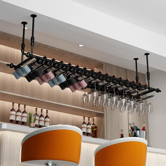 MVSPBKAF Bar Hanging Cafe Wine Bottles Racks, Modern Stylish Ceiling Shelf s for Home Display, Metal Wall Mounted Wine Bottle Glass Holder, Floating Storage Shelves Wine Cups Hanging Rack(Black,60cm)