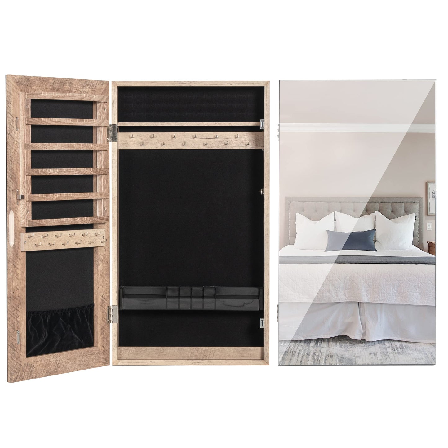 LAVIEVERT Lockable Jewelry Cabinet Armoire with Frameless Mirror, Wall/Door Mounted Space Saving Jewelry Display Organizer with Lipstick Compartments - Wood Grain