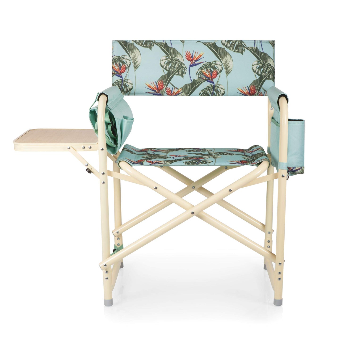 PICNIC TIME Outdoor Directors Chair with Side Table, 300 lb Capacity Folding Outdoor Beach Chair for Adults with Foldaway Backpack Straps, Armrest Caddy, and Umbrella Loop (Tropical Foliage Pattern)