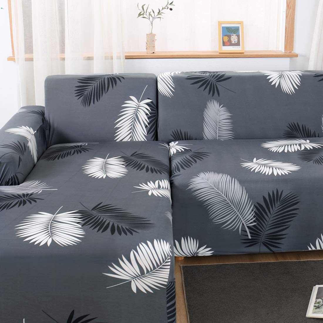 MIFXIN Sectional Sofa Covers L Shape Couch Slipcover 2 Piece Stretch Elastic L-Type Chaise Sectional Sofa Couch Furniture Protector for Living Room Pets Kids (Grey Black)