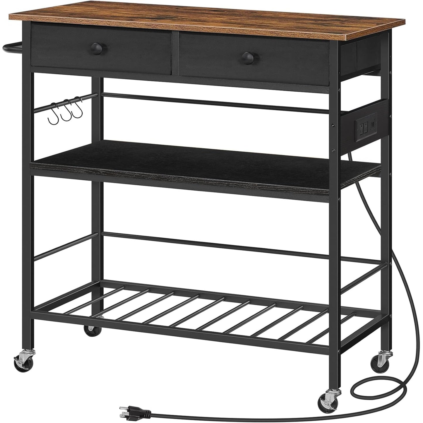 HOOBRO Kitchen Island with Storage, Rolling Island Cart for Kitchen with 2 Drawers & Outlet, 3 Tier Coffee Station and Microwave Stand, Kitchen Island Table for Home, Rustic Brown and Black FB08UZD01