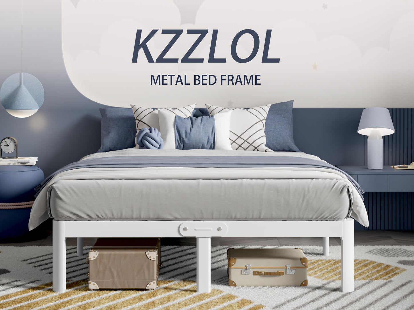 KZZLOL White Full Size Bed Frame 16 Inch, Metal Full Bed Frame No Box Spring Needed, Heavy Duty Steel Support 3500 LBS, DIY Headboard, Noiseless, Round Corner Legs, Storage Space, Easy Assembly