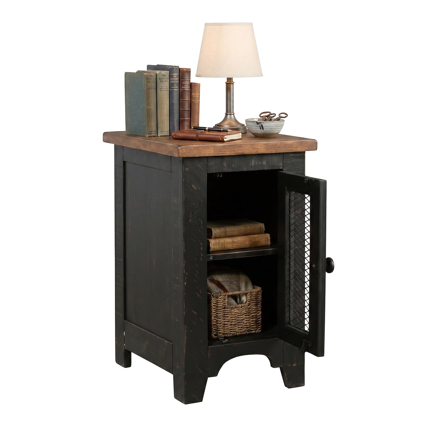 Signature Design by Ashley Valebeck Rustic Farmhouse Chair Side End Table with Cabinet Door, Distressed Black