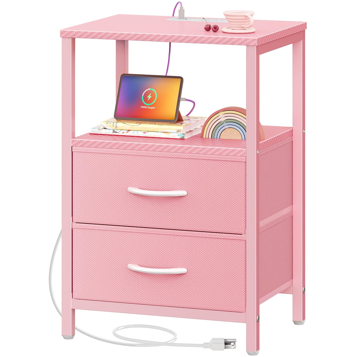 Huuger Nightstand with Charging Station, Side Table with Fabric Drawers, End Table with Open Shelf, Bedside Table with USB Ports and Outlets, Night Stand for Bedroom, Pink
