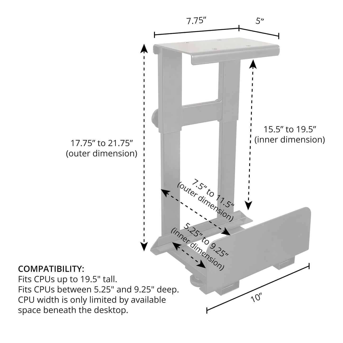 Stand Up Desk Store Adjustable CPU Desktop Computer Tower Holder Under Desk Mount