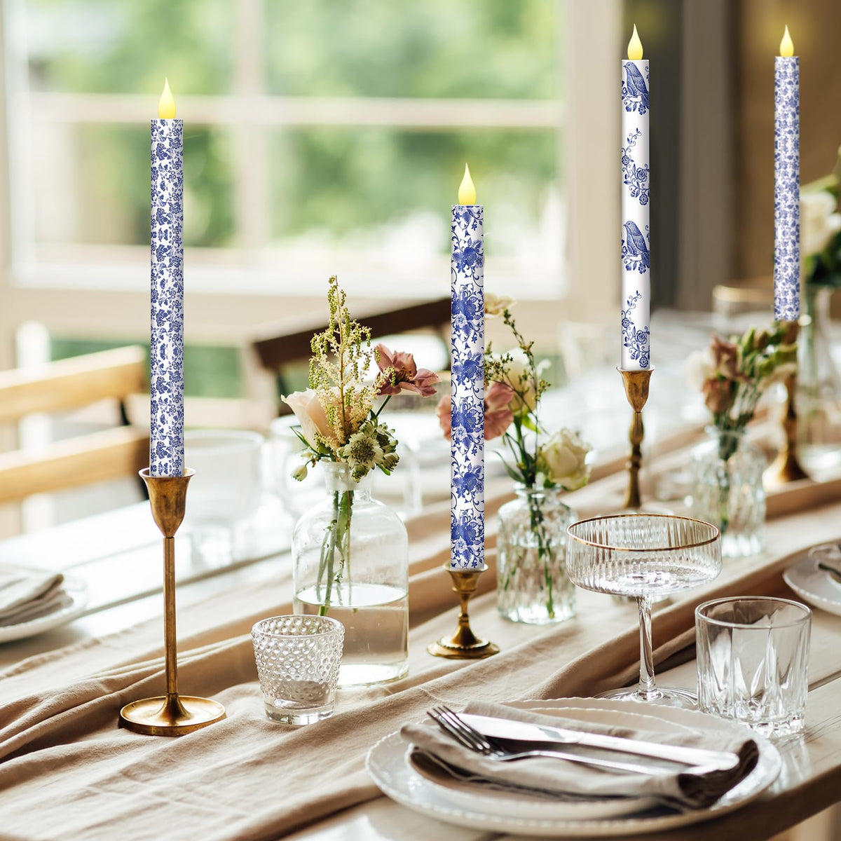 Baquler 6 Pcs Chinoiserie Flameless Candles Coastal Chinoiserie Bird Home Decor 10.6 Inch Blue and White Battery Operated LED Candlesticks for Holiday Wedding Party Summer Table Centerpiece