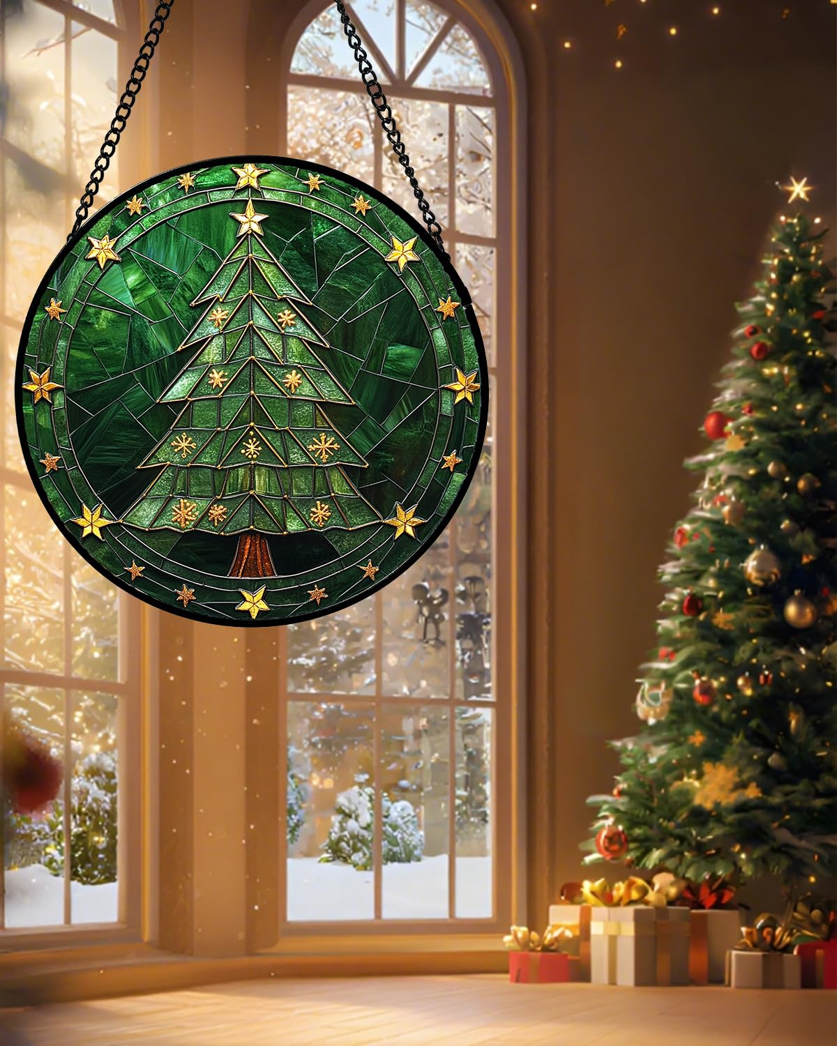 Stained Glass Window Hanging - Green Christmas Tree with Golden Stars Suncatcher for Doors Home Christmas Decoration Sun Catcher Thanksgiving New Year Birthday Gifts for Women Men Mom Nana 6.3 in