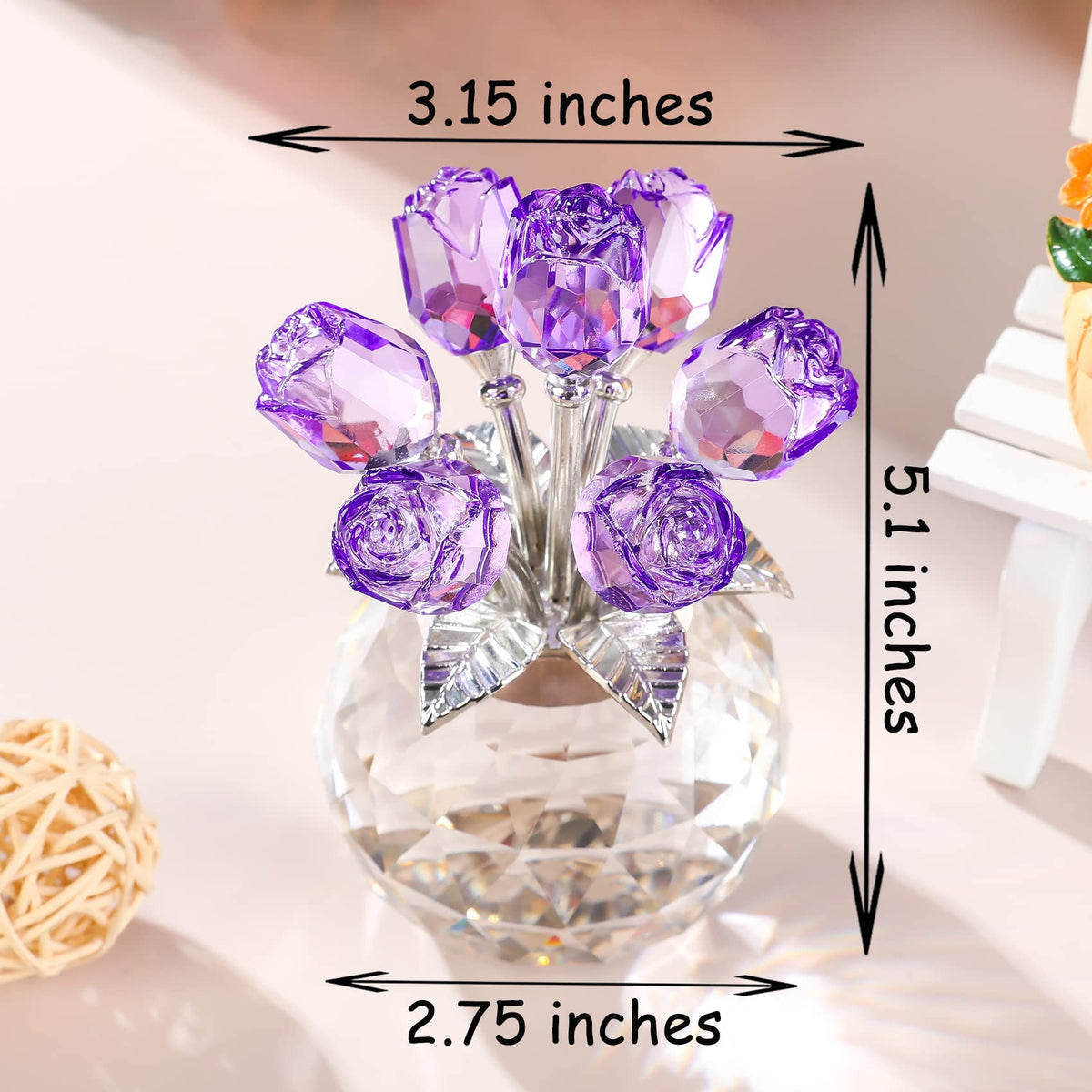 Purple Rose Flower Crystal Figurine with Vase, Bouquet Flowers Ornament Gifts for Wife Girlfriend Women , Handmade Crystal Flower Collectible Home Table Decor for Valentine's Day Wedding Anniversary