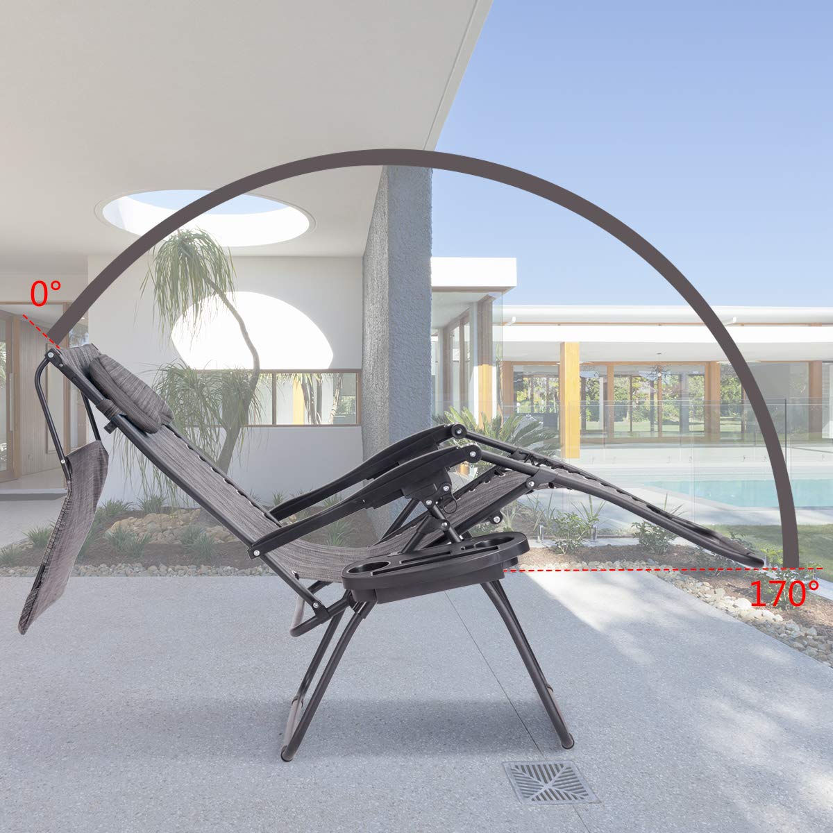 Nightcore Folding Zero Gravity Lounge Chair, Outdoor Lawn Chair with Adjustable Canopy Shade, Pillow and Cupholder Tray, Reclining Patio Chair for Poolside Backyard and Beach (Grey)