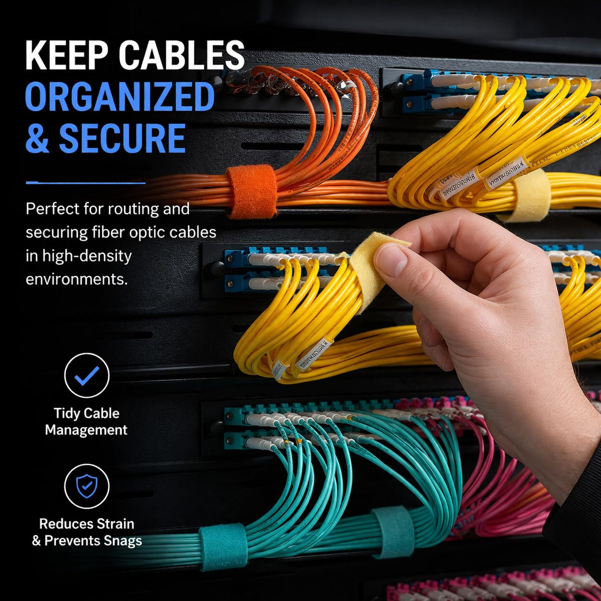 10 Self-gripping Rolls Designed for IDF, Server Racks & Data Centers | Structured Cabling | Cable Wrap for Fiber Optic Cable and Tenecom Cable System Installs (Black)