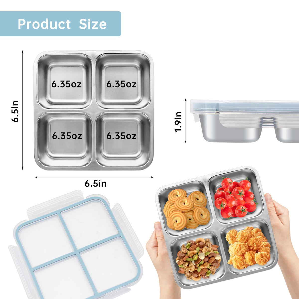 Luriseminger 3 Pack Stainless Steel Bento Lunch Box, 4 Compartment Snack Containers, Divided Meal Prep Lunch Containers, Food Storage Containers For Work and Travel