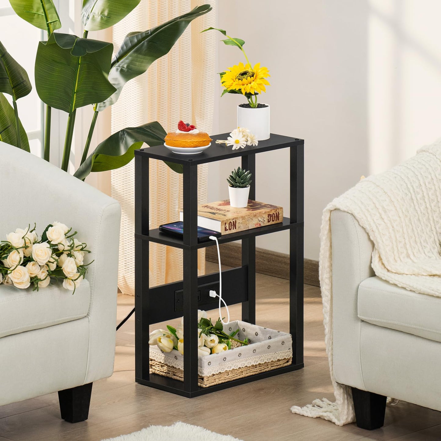 YUFAM 3-Tier Small Narrow Wood Side Table with Charging Station, Skinny Nightstand for Small Space, Slim Bedside Table with Storage for Couch, Thin End Table with USB Ports and Outlets, Black