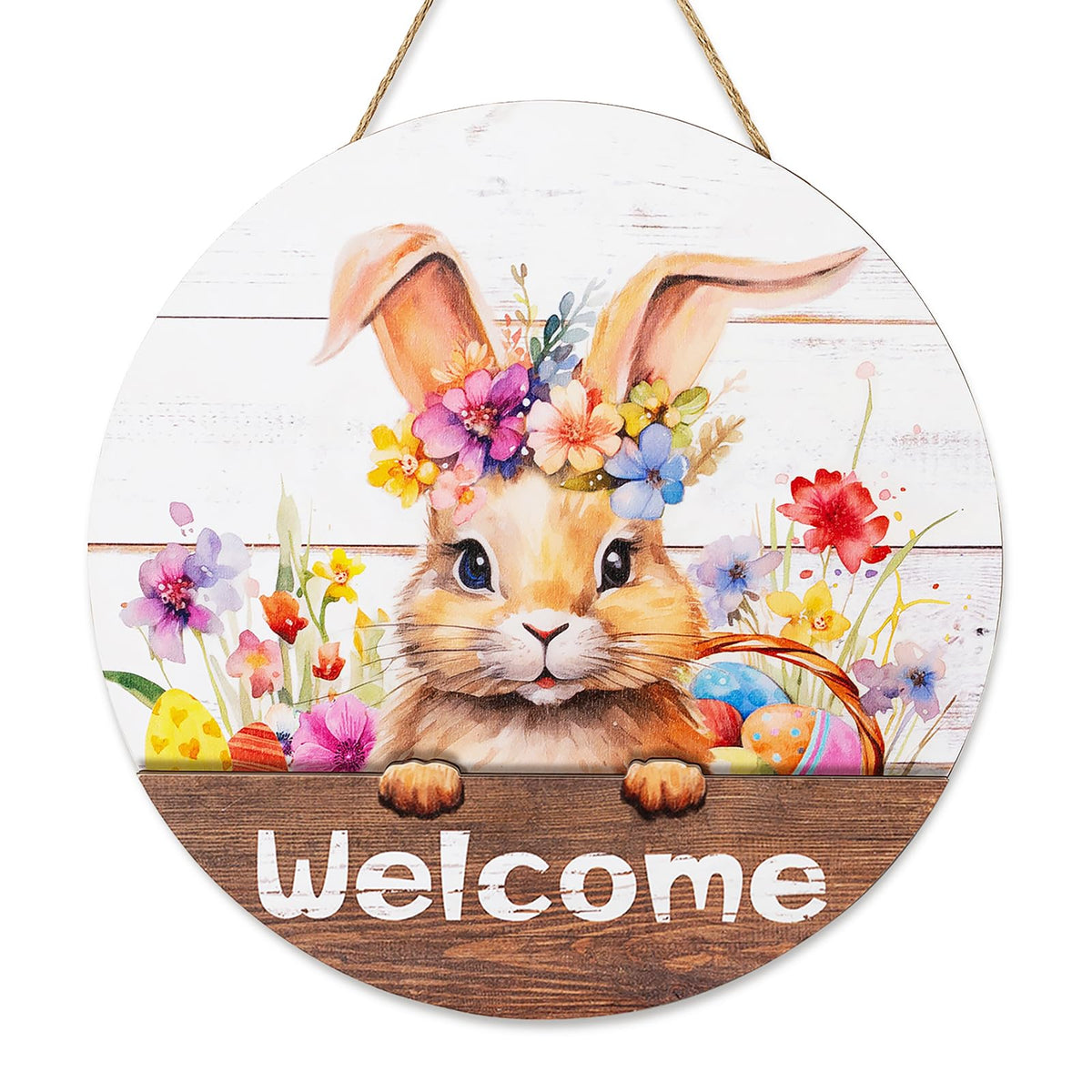 Walasis Easter Decorations for Front Door: Bunny Rabbit 3D Welcome Sign for Wall Decor Easter Wreaths Hanging for Home