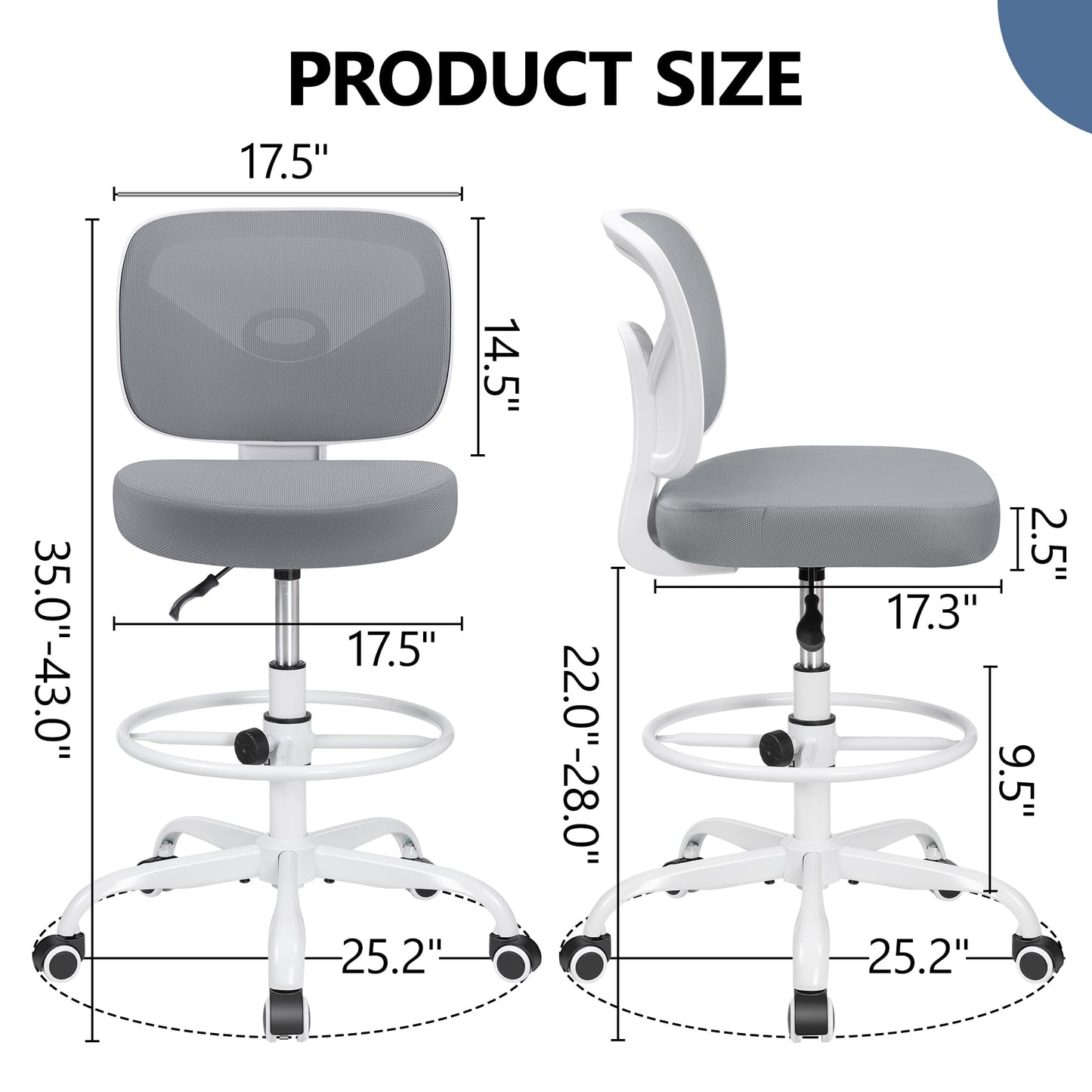 Primy Armless Tall Desk Chair, Adjustable Height and Footring, Mid-Back Ergonomic Standing Desk Chair Mesh Rolling Tall Chair for Art Room, Office or Home (Gray)
