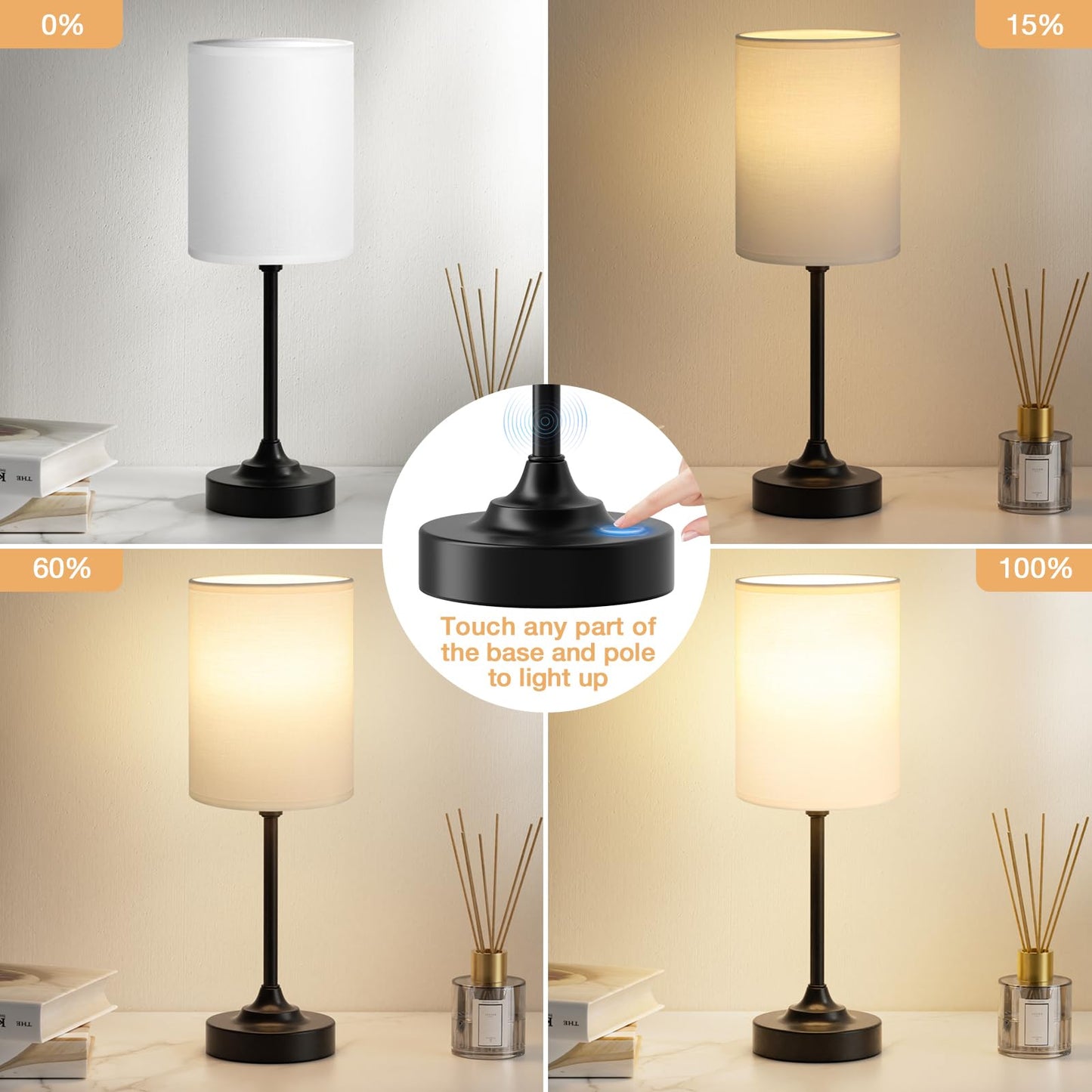 Fenmzee Touch Nightstand Bedroom Lamp - 3 Way Dimmable Bedside Lamp, Small Table Lamp Linen Lampshade for Office Desk, LED Bulb Included
