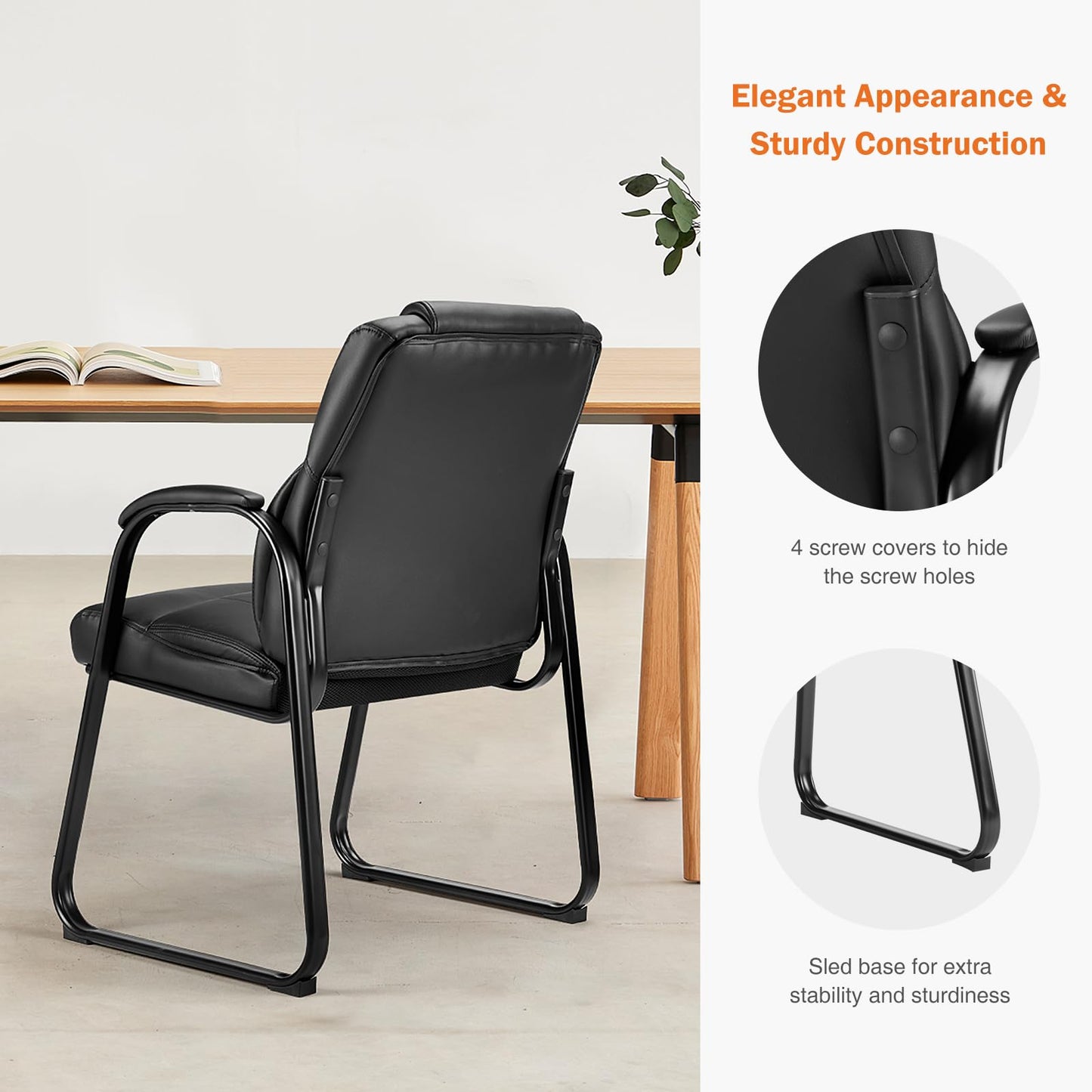 Sweetcrispy Waiting Room Guest Chair Set of 6, Leather Stationary Office Reception Chairs No Wheel, Comfy Padded Arms and Seld Base, for Conference Room Lobby Home Desk Bedroom Elderly, Black