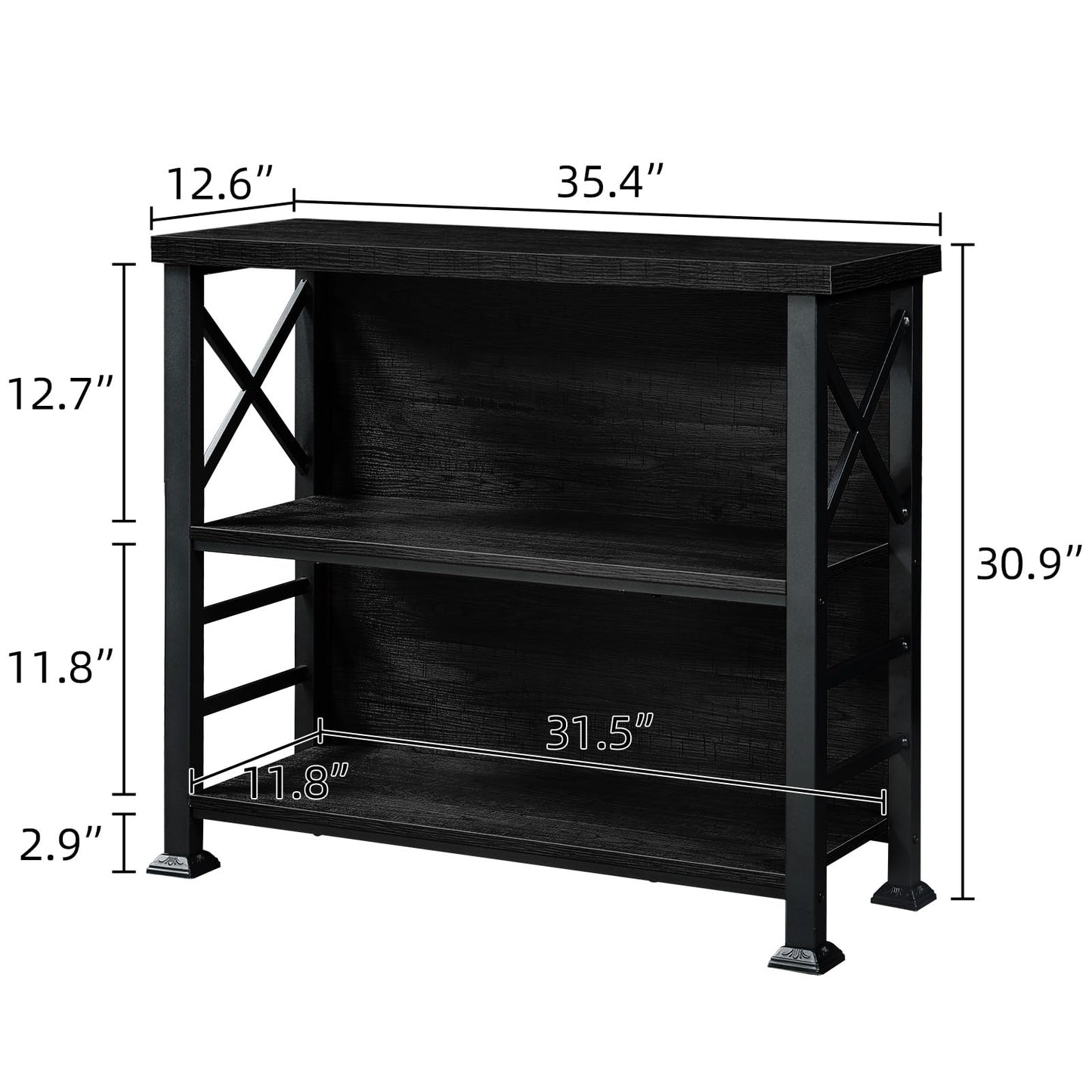 HOMBAZAAR 3-Tier Small Bookshelf, 35.4 Inch Short Book Shelf with Sturdy Metal Frame & Wood Shelves, Black Industrial Bookcase for Living Room, Bedroom, Office