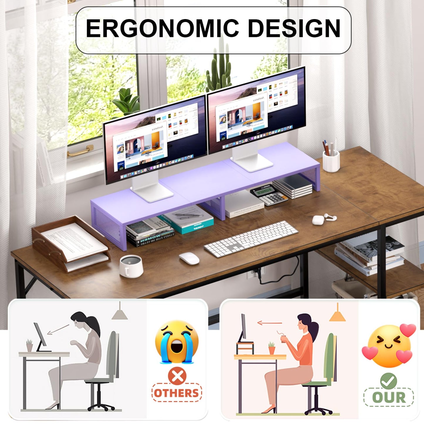 Gugsey Dual Computer Monitor Stand Riser, Desk Organizers and Accessories, Printer & TV Stand, Desk Shelf, Office Desk Accessories & Desktop Workspace Organizer for Office Supplies, Purple