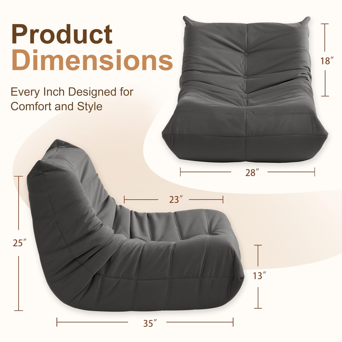 Gazecaia Comfy Bean Bag Chair for Adults Teens | Fireside Floor Lounge Chair,Soft Suede High-Resilience Memory Foam Bean Bag Couch with Non-Slip Base,for Living Room Bedroom Apartment Office,Dark Gray