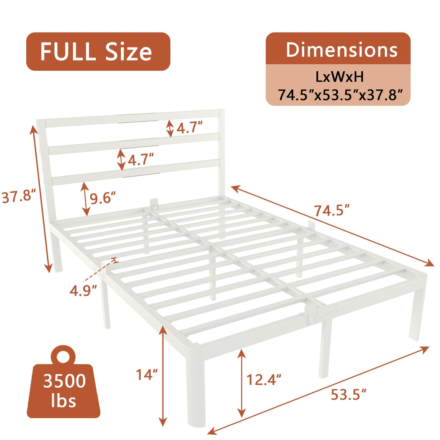 ZKQ 14 Inch Full Bed Frame with Headboard, White Metal Full Size Bed Frame, No Box Spring Need, Anti-Slip Gaskets, Noise-Free, Heavy Duty Steel Platform Support, Easy Assembly