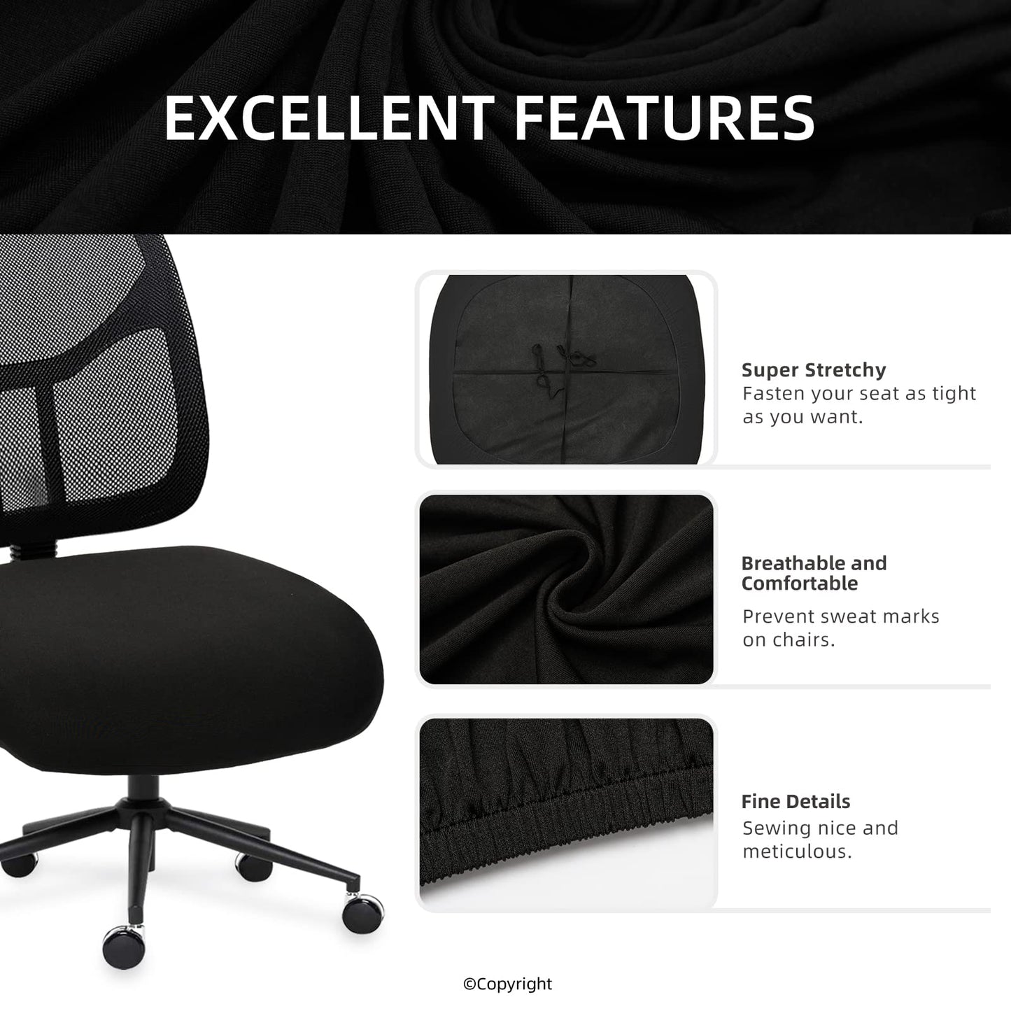 DIVA EN CAMINO DEC Water-Resistant Stretchable Desk Office Chair Seat Cushion Covers - Universal Spandex Computer Chair Slipcover - Removable Washable Cushion Protectors for Dogs, Cats, Black