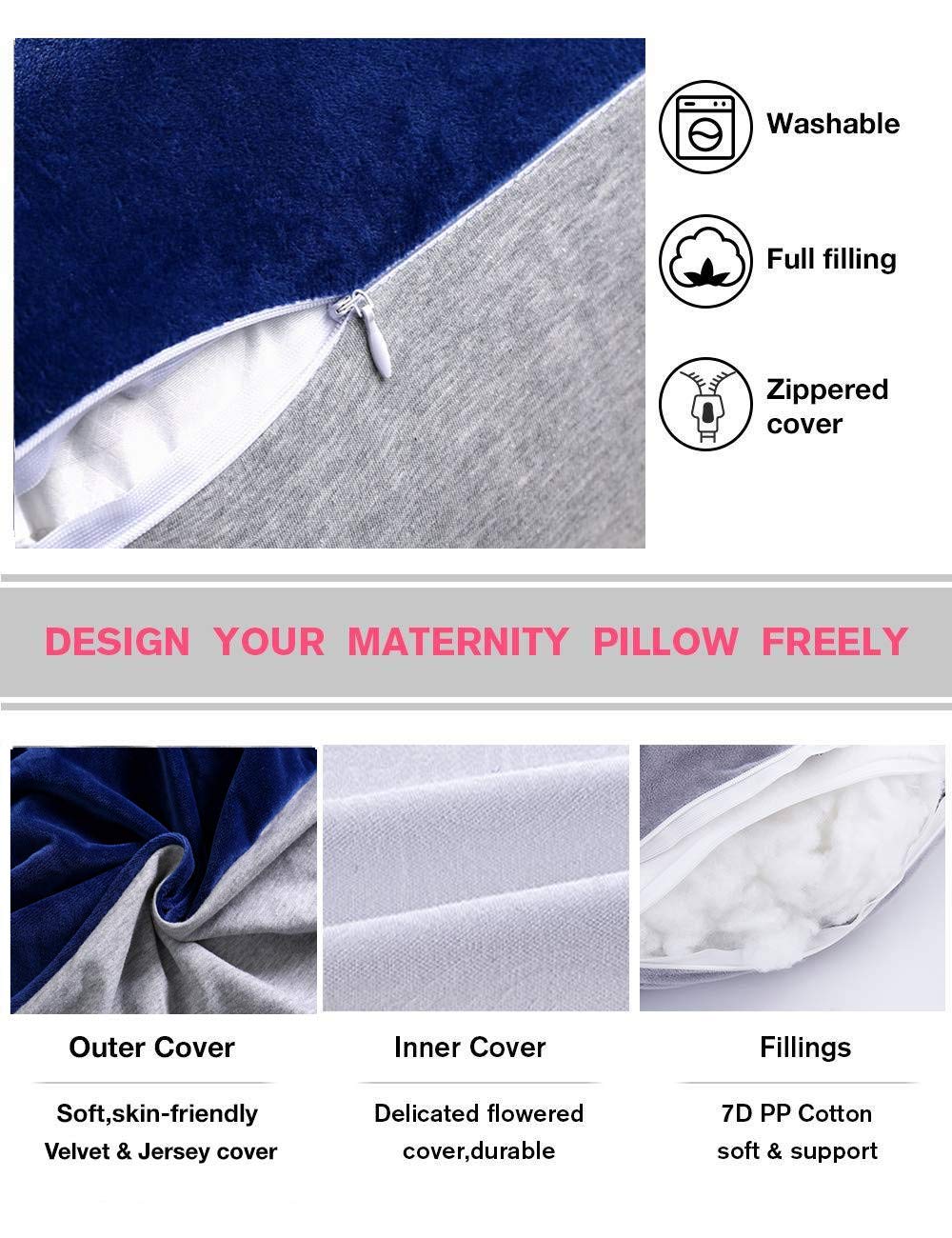 AS AWESLING 60in Full Body Pillow | Nursing, Maternity and Pregnancy Pillow | Extra Large U Shape Pillow with Detachable Side, Separate Support Pillow and Removable Cover (Velvet Blue&Jersey Grey)