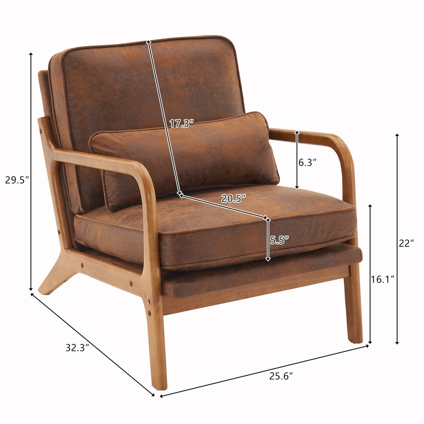 Karl home Accent Chair Mid-Century Modern Chair with Pillow Bronzing Cloth Upholstered Lounge Arm Chair with Solid Wood Frame & Soft Cushion for Living Room, Bedroom, Balcony, Brown