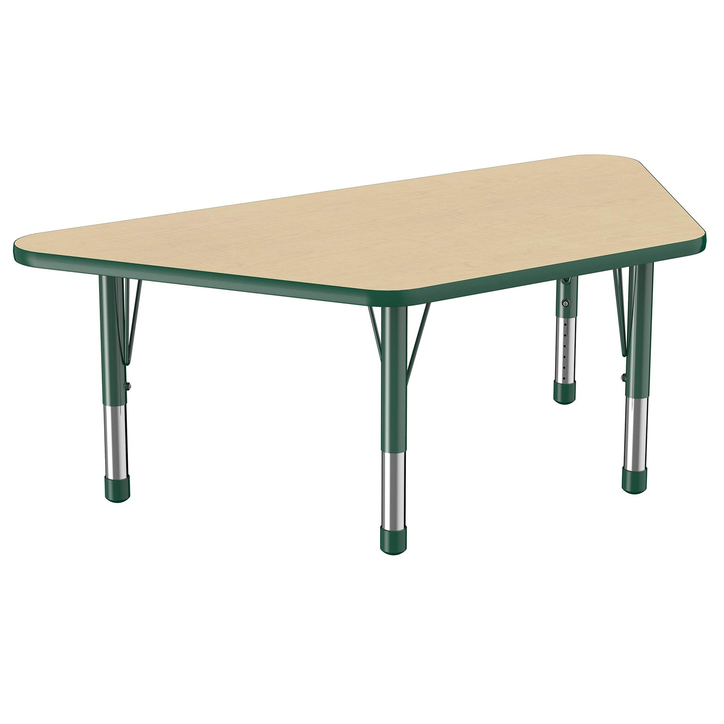 FDP Trapezoid Activity School and Classroom Kids Table (30 x 60 inch), Chunky Toddler Legs for Collaborative Seating Environments, Adjustable Height 15-24 inches - Maple Top and Green Edge