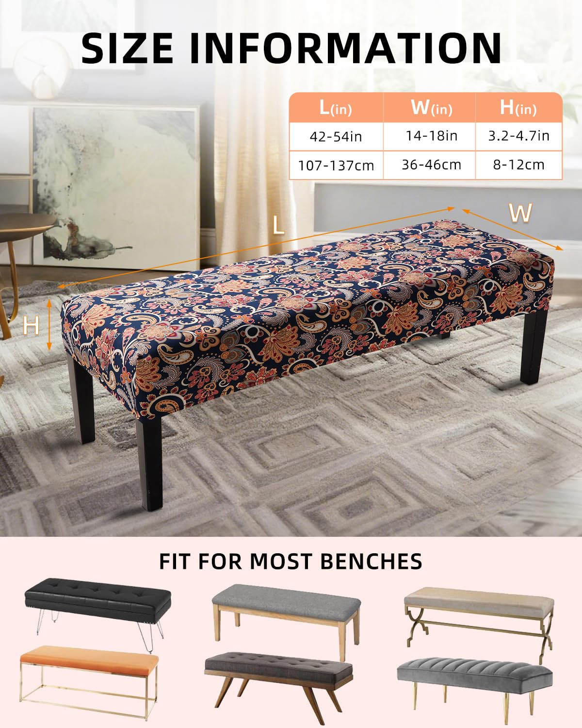 YISUN Dining Bench Covers, Stretch Seat Covers Printed Bench Covers, Rectangle Bench Slipcover Furniture Protector for Dining Room, Hotel, Bedroom, Kitchen