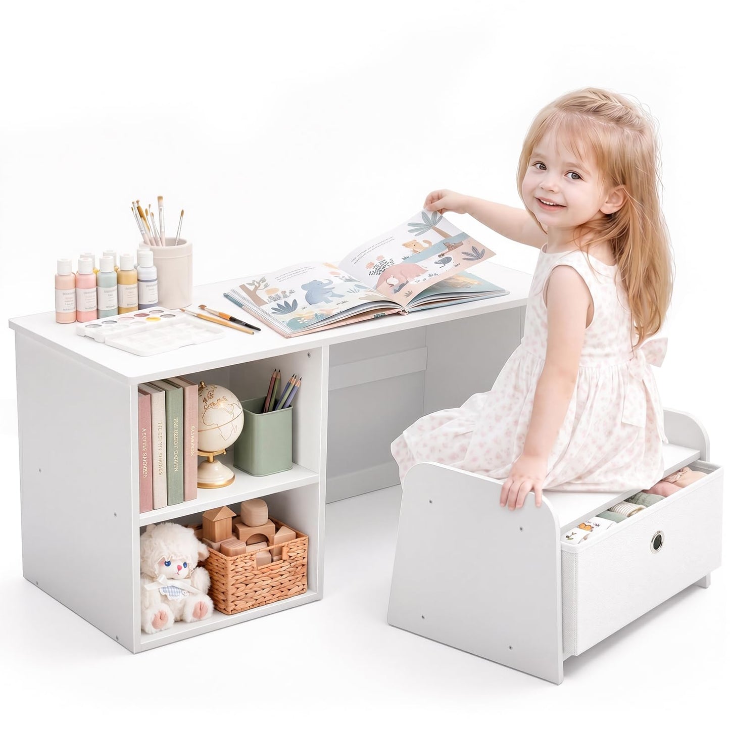 Faesun 3-in-1 Toddler Bookshelf, Montessori Bookshelf with Bench, Bookshelf for Kids with Reading Nook & Toy Organizers & Storage, Book Shelf for Kids Rooms, Nursery, Playroom, Bedroom, White
