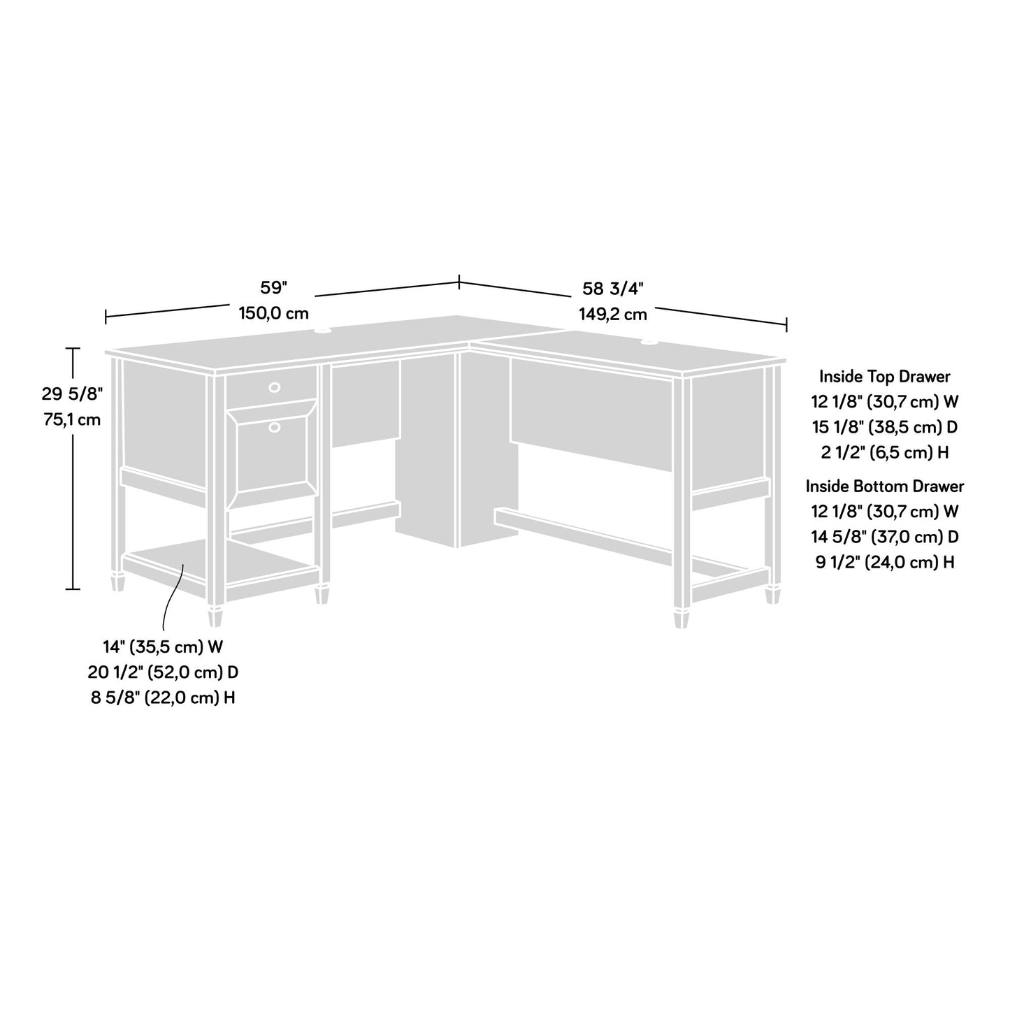 Sauder Edge Water L-Shaped Corner Desk with Storage Drawers and Open Shelf, in Chalked Chestnut