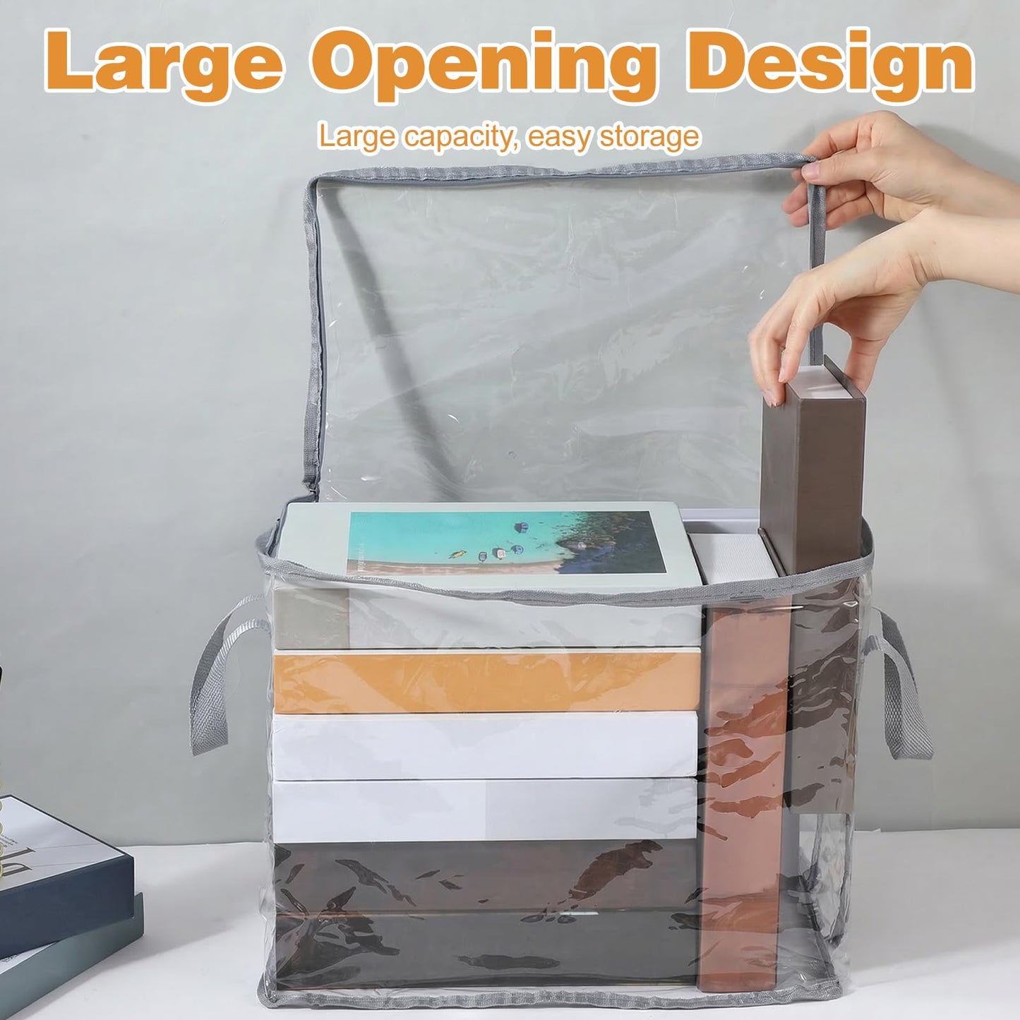 4 Pcs Clear Book Storage Bag, 15'' x 12.6'' x 9.4'' Plastic Comic Books Organizer Foldable Book Display Case with Lid and Lifting Handle for Books DVD Clothing