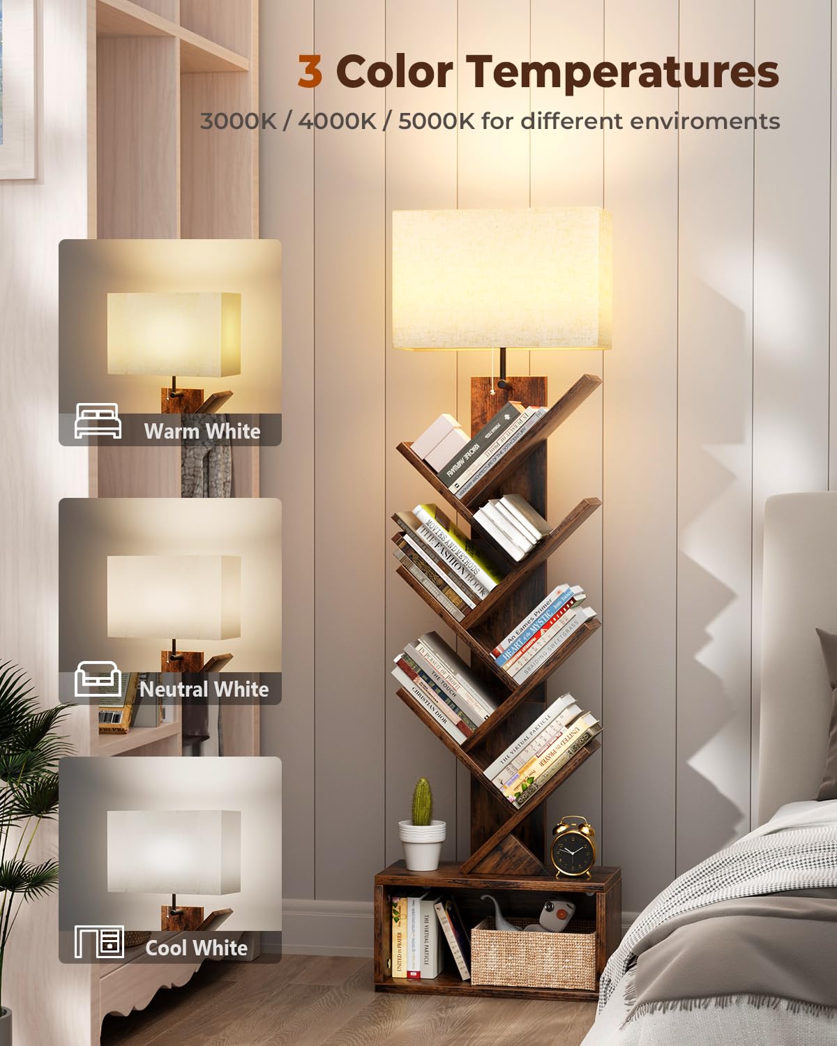 Evermagin 6 Tier Tree Bookshelf with Light, Narrow Bookcase Tower, Tall Floor Standing Book Organizer with Storage Cabinet for Living Room, Bedroom and Home Office, Rustic Brown