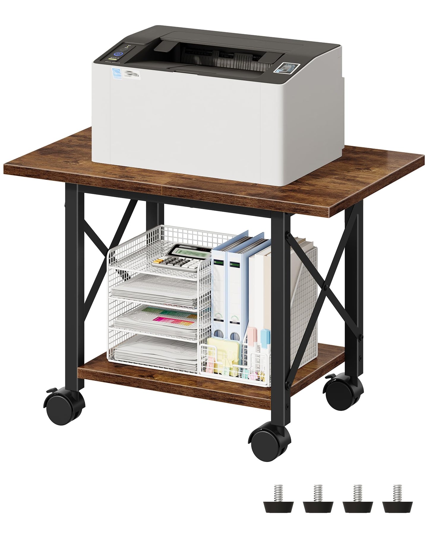 CHOEZON 23.6" Under Desk Printer Stand, 2-Tier Printer Table with Wheels Adjustable Feet for Home Office, Study, Living Room, Rustic Brown and Black TPS01BF