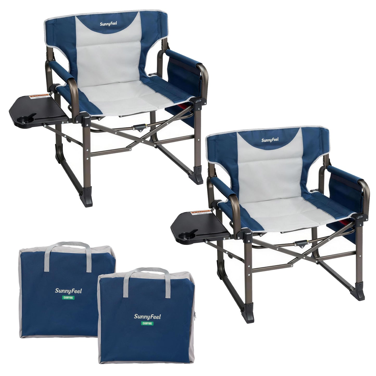 SUNNYFEEL Oversized Camping Directors Chair 2 Pack Portable Foldable Camp Chair for Adults Support 600lbs with Side Pocket and Side Table for Beach, Fishing, Trip, Picnic, Lawn, Outdoor Blue