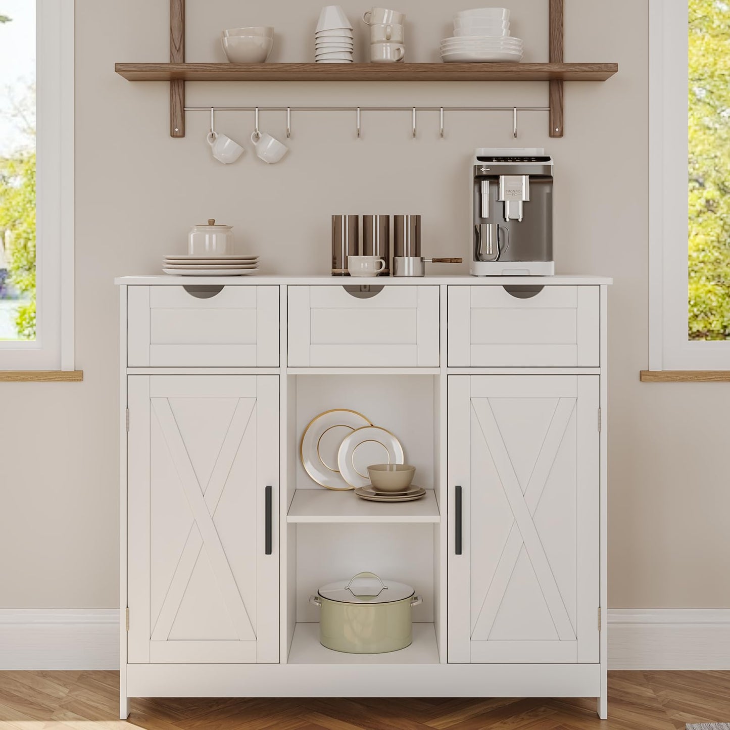 Viaozutis Storage Cabinet, Coffee Bar Cabinet with 2 Adjustable Shelves, 3 Drawers, and 2 Doors, for Bathroom, Kitchen, Living Room (White)