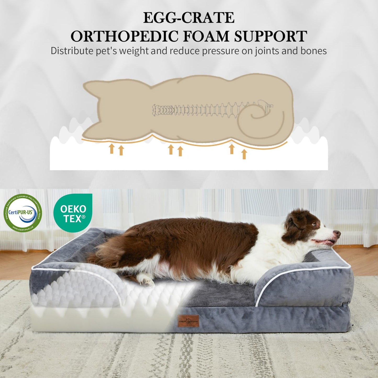 Comfort Expression Orthopedic Dog Bed for Extra Large Dogs 42x30 Inch, Waterproof Egg Crate Foam XL Pet Bed with Removable Bolsters, Dog Couch with Washable Cover & Non-Slip Bottom, Dark Grey