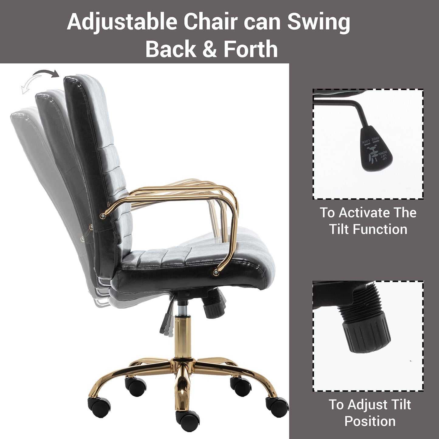 BTEXPERT Black Faux Leather Adjustable Home Office Golden Arms Exectuive High Back Manager Desk Chair, (5162BK)