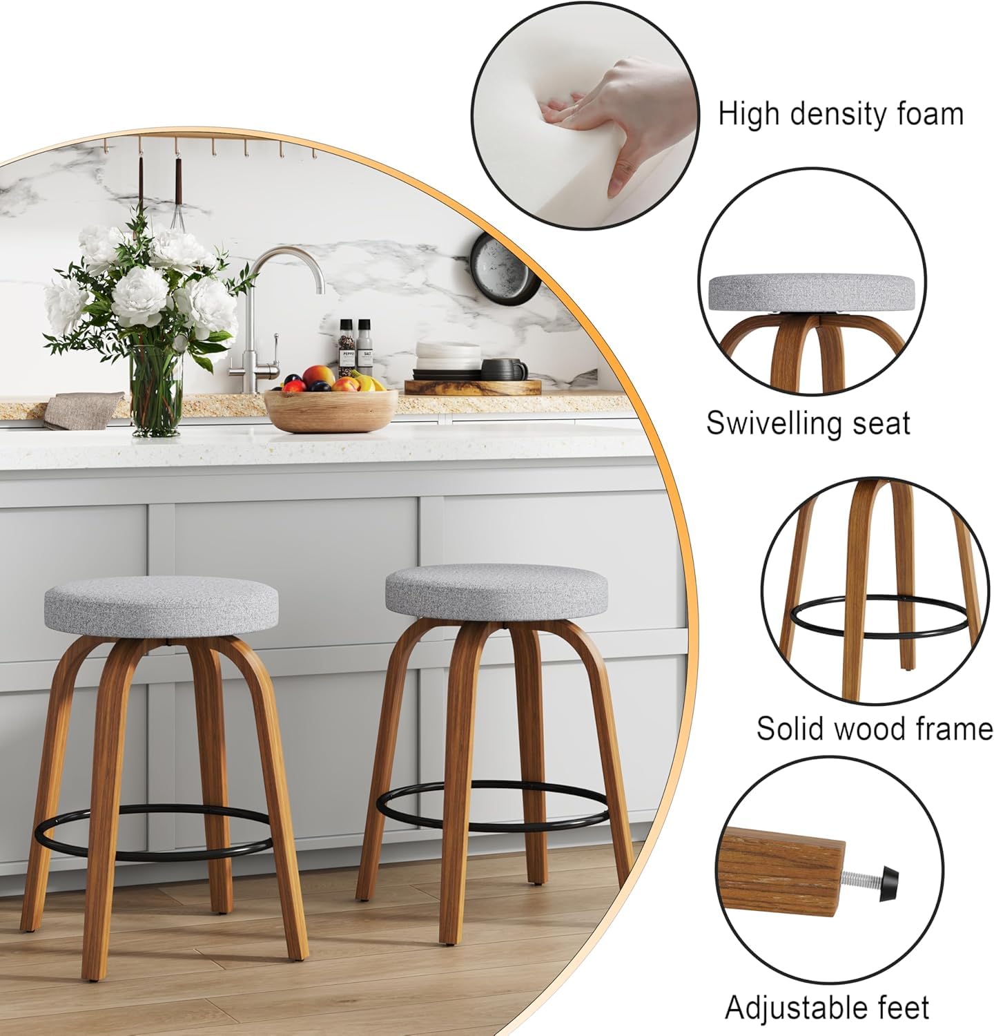 Set of 2 Swivel Bar Stools, 26'' Counter Height Backless Stools with Fabric Upholstered Seats and Sturdy Curved Wood Legs, Mid-Century Modern Design (Grey, 26 inch)
