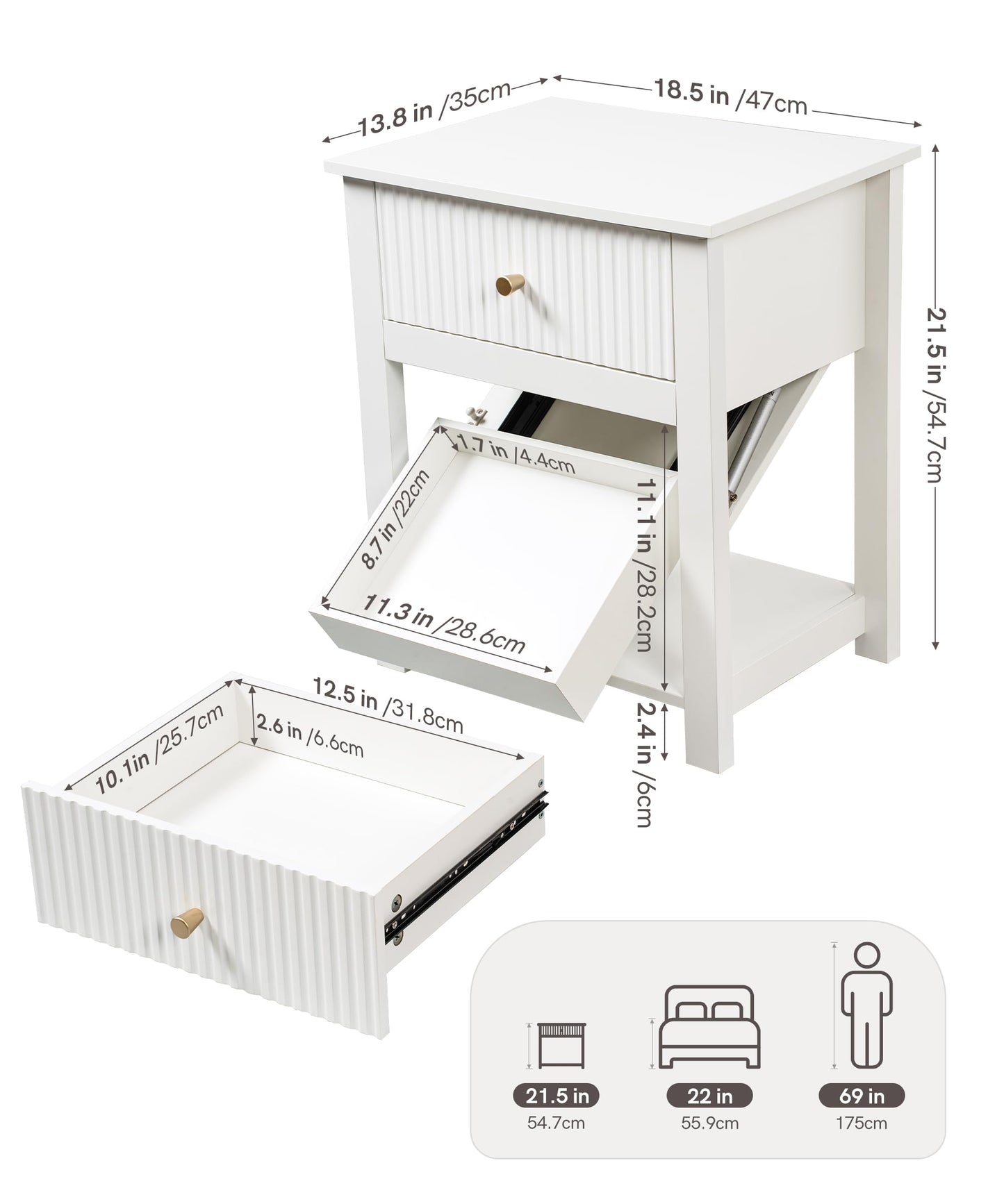 Aylenic Night Stand with Gun Drawer, White Wood Bedside Table, Modern Farmhouse Side Table Bedroom Gun Safe with Hidden Compartment, Handgun Safe for Nightstands Simple Aesthetic End Table