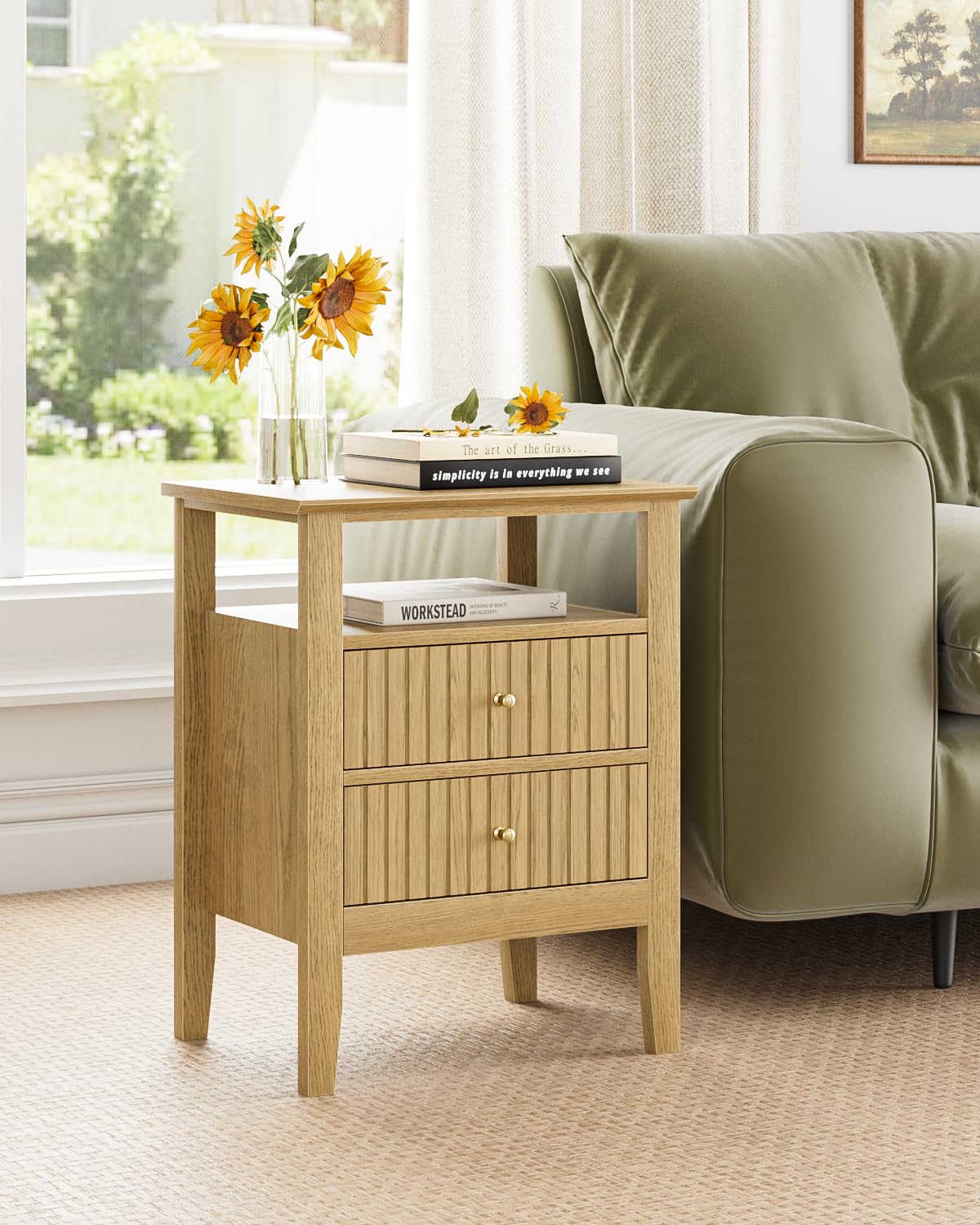 Apetaccat Fluted Nightstand, Farmhouse Night Stand with 2 Drawers, Mid Century Modern Side Accent Table,Bedside End Table for Bedroom, Living Room, Yellow Oak