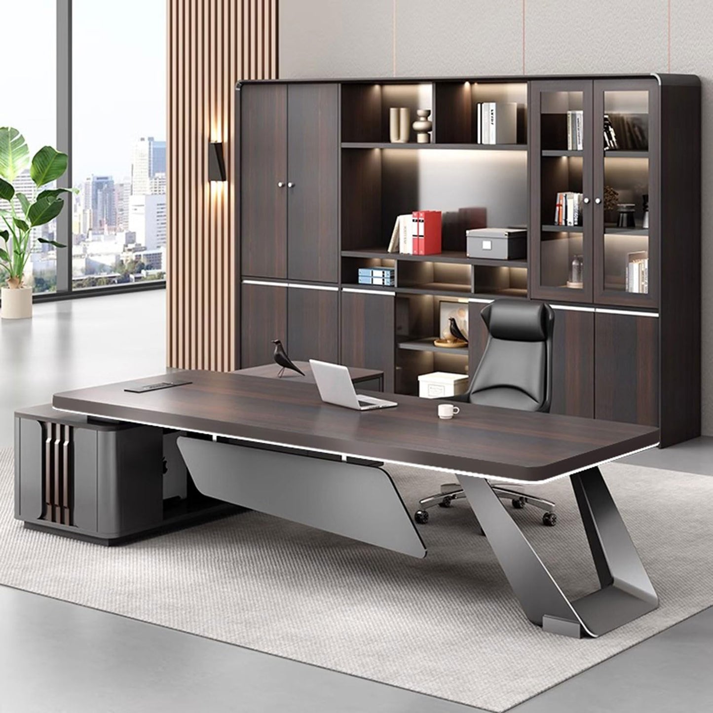 LSIGHTUS 102" Minimalist Style Large Modern Executive Office Desk, Wood Computer Desk with File Drawers Writing Study Table Business Furniture Set for CEO Boss, Business